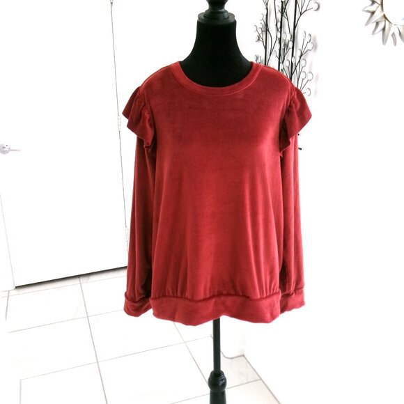 Like New Lauren Conrad Velour Rust Ruffle Long Sleeve Top Blouse XL Super Soft - Picture 1 of 9